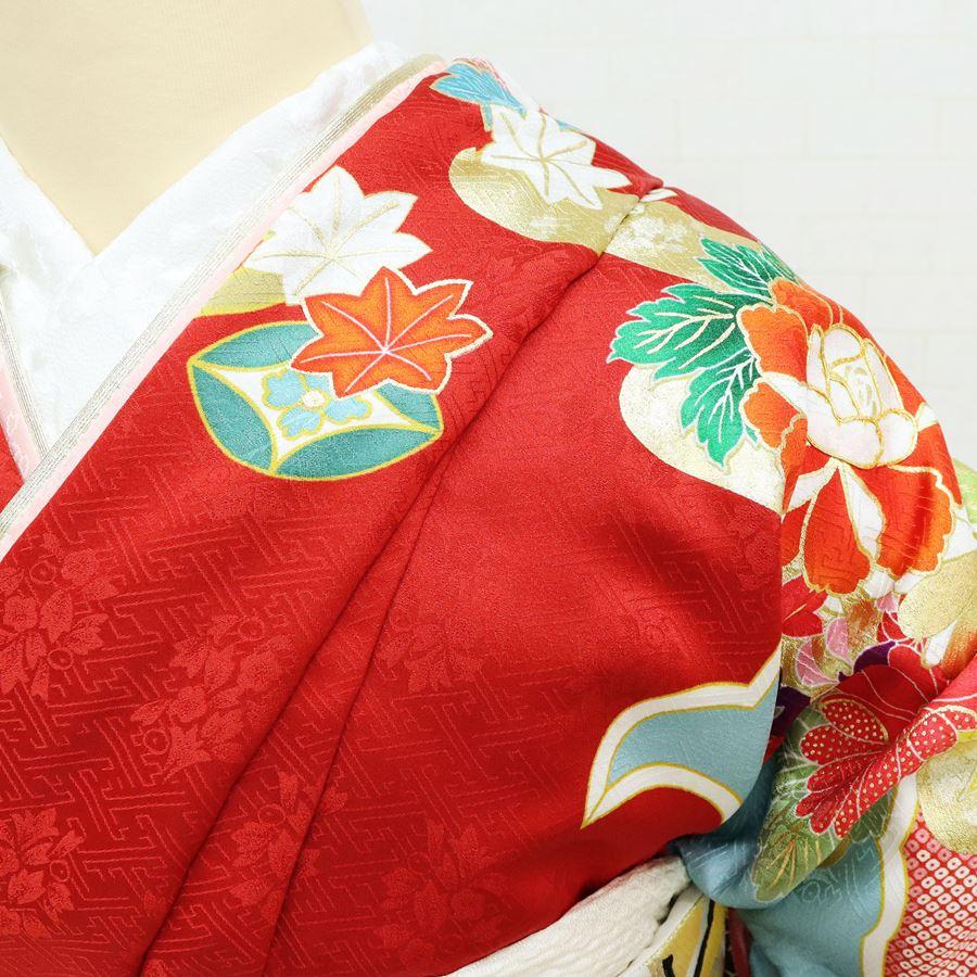新品 振袖 仕立て付き フルセット 正絹 仮絵羽 赤 古典 成人式 結婚式 卒業式 舞台衣装 和装 吉祥 松竹梅 牡丹 菊 亀甲 花柄の画像