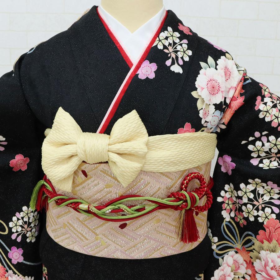 40-振袖◆振袖単品　正絹　成人式や着付け練習に！　中古品　衿に少し傷 振袖 中古 成人式 正絹 格安 着物 単品 リサイクル レンタル品販売 黒