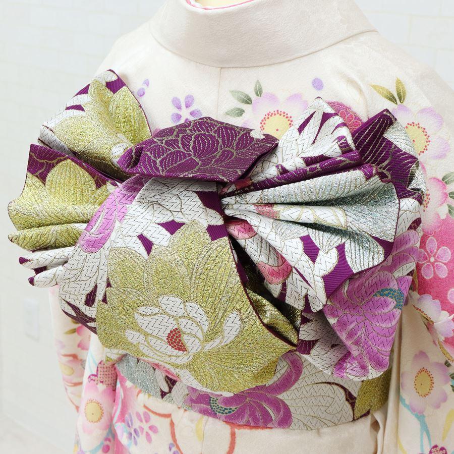 振袖 中古 リサイクル フルセット 正絹 絞り ガード済 刺繍 白 紫 低身長 振袖 中古 フルセット 正絹 白 美品 一式 格安 リサイクル 販売 仕立て