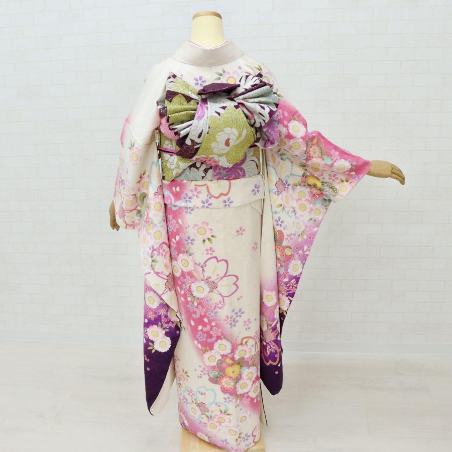 振袖 中古 リサイクル フルセット 正絹 絞り ガード済 刺繍 白 紫 低身長 振袖 中古 フルセット 正絹 白 美品 一式 格安 リサイクル 販売 仕立て