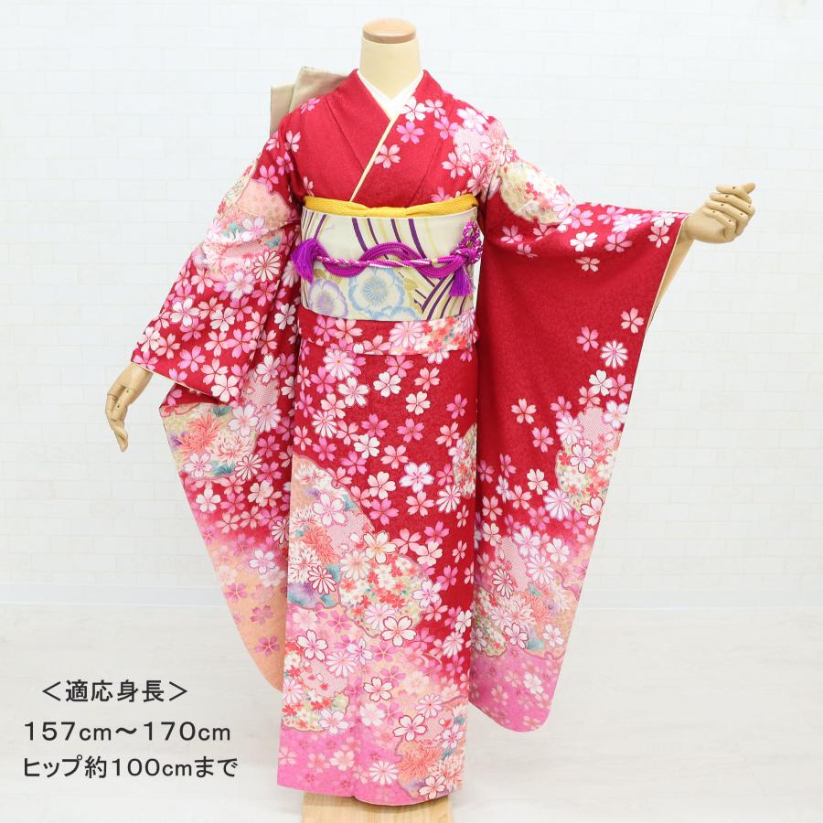 ピンク赤正絹美品振袖フルセットお花柄金糸かわいい ピンク赤正絹美品振袖フルセットお花柄金糸かわいい