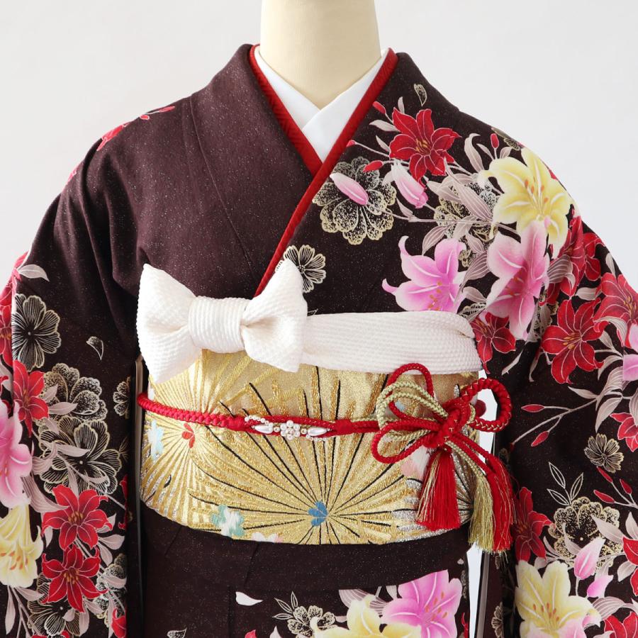振袖 中古 フルセット 正絹 一式 茶 赤 百合 振り袖 ふりそで 晴れ着