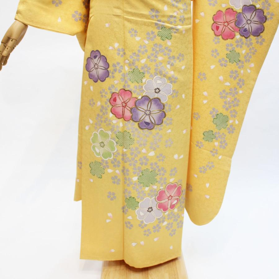振袖 中古 フルセット 正絹 一式 格安 安い 美品 リサイクル 仕立て上がり 晴れ着 和装 黄色 花 桜 着物 和服 :c024:きもの