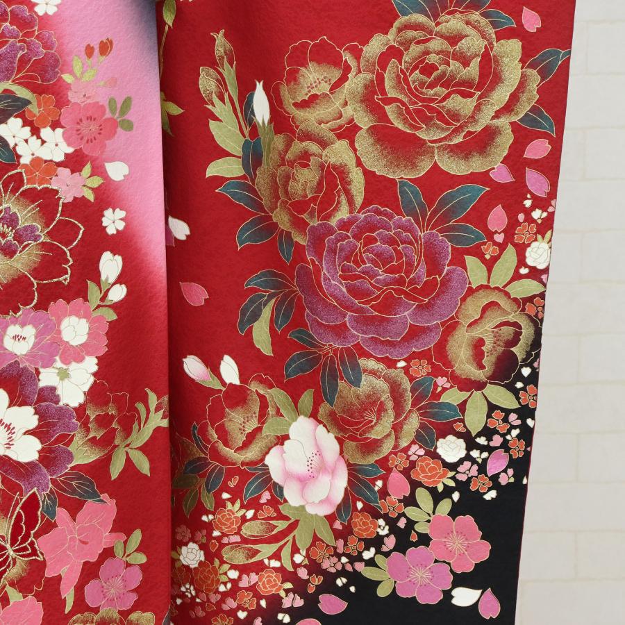 未使用に近い 正絹豪華振袖フルセット　赤　薔薇　金彩　ラメ　成人式 訳あり特価品】 振袖 お仕立て上がり 成人式 アンティーク 正絹 赤 黒