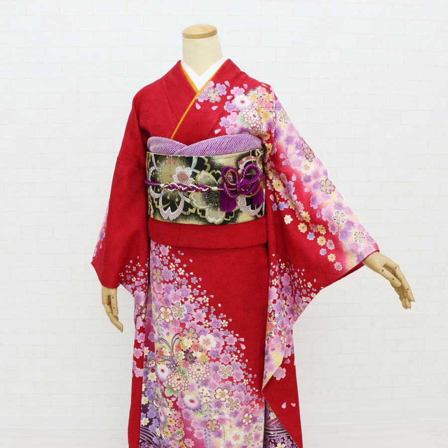 値下げ★ 中古　振袖　仕立て上がり　赤　えんじ色　NO.B12 振袖 中古 一式フルセット 販売 正絹 高級 成人式 結婚式 格安 良品