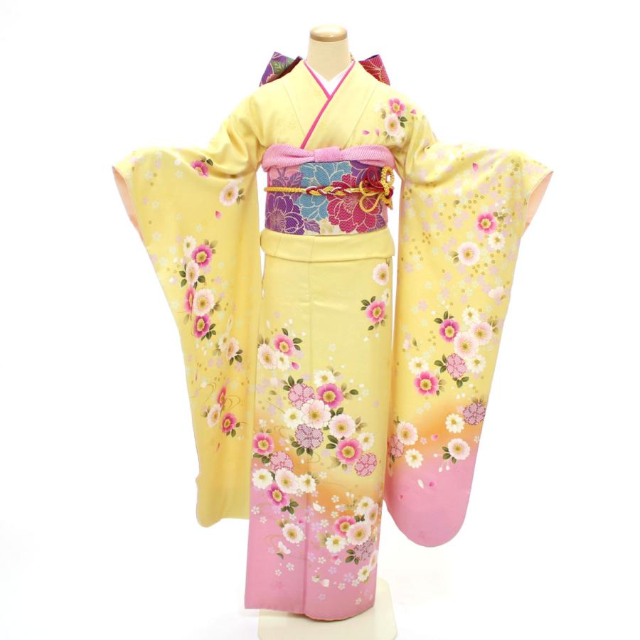 振袖 中古 フルセット 成人式 黄色 イエロー 正絹 格安 美品 ピンク  