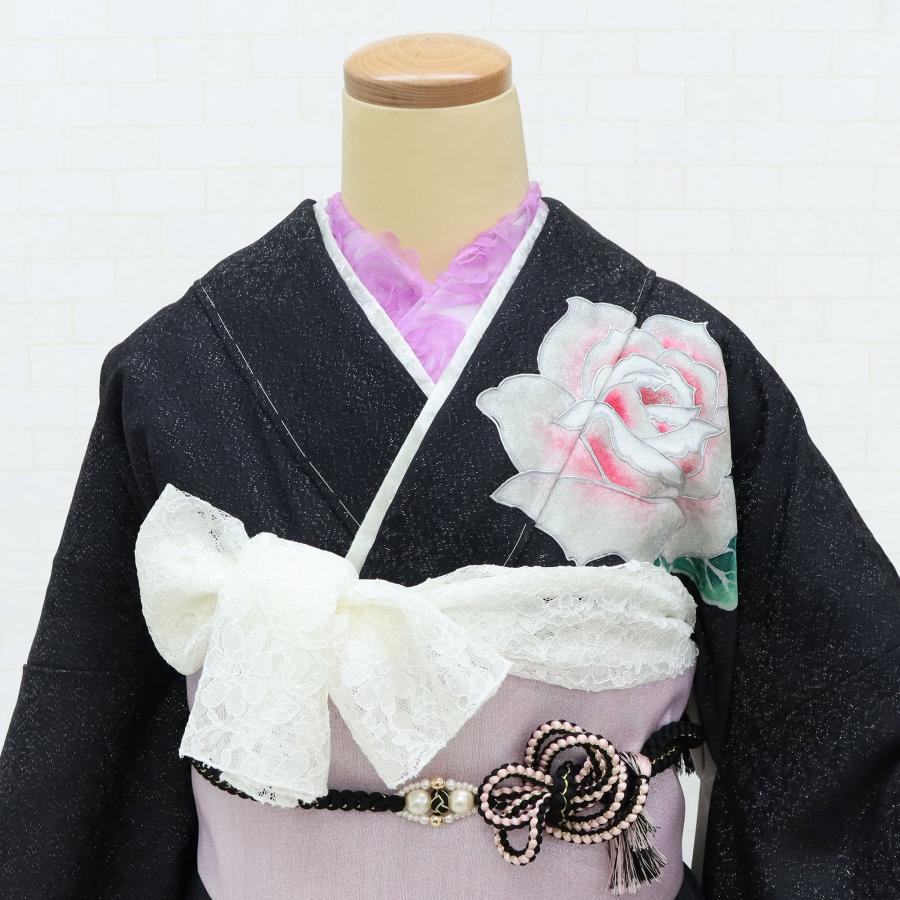 【新品未使用】振袖 単品 新古品 黒 正絹 格安 仕立て上がり 着物 成人式 結婚式 卒業式 踊り ステージ衣装 薔薇 役者 衣装の画像