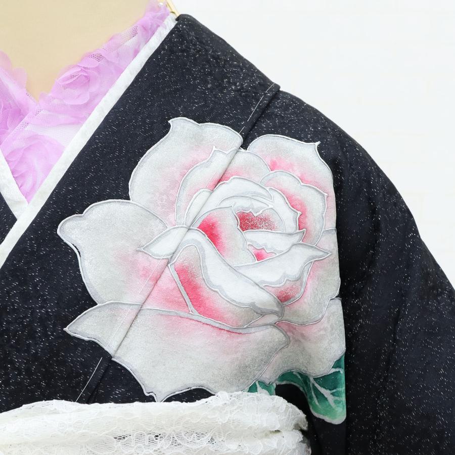 【新品未使用】振袖 単品 新古品 黒 正絹 格安 仕立て上がり 着物 成人式 結婚式 卒業式 踊り ステージ衣装 薔薇 役者 衣装の画像