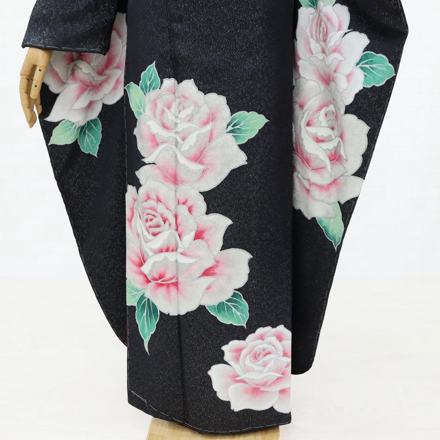 【新品未使用】振袖 単品 新古品 黒 正絹 格安 仕立て上がり 着物 成人式 結婚式 卒業式 踊り ステージ衣装 薔薇 役者 衣装の画像