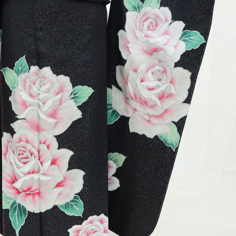 【新品未使用】振袖 単品 新古品 黒 正絹 格安 仕立て上がり 着物 成人式 結婚式 卒業式 踊り ステージ衣装 薔薇 役者 衣装の画像