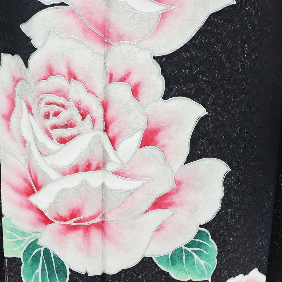 【新品未使用】振袖 単品 新古品 黒 正絹 格安 仕立て上がり 着物 成人式 結婚式 卒業式 踊り ステージ衣装 薔薇 役者 衣装の画像