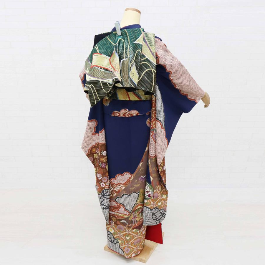 28-振袖◆振袖単品　正絹　成人式や着付け練習に！　中古品 振袖 単品 中古 着物 販売 純古典 王道 格調高い 紺 青 成人式