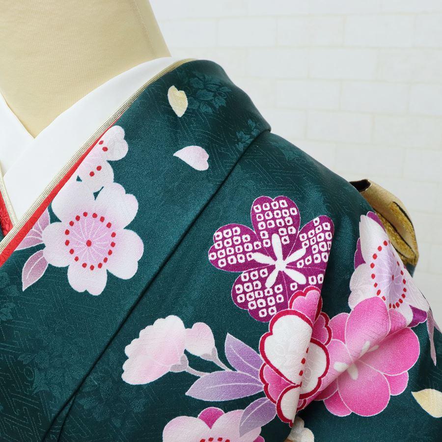 振袖 中古 緑 フルセット 販売 正絹 一式 格安 リサイクル 美品 安い