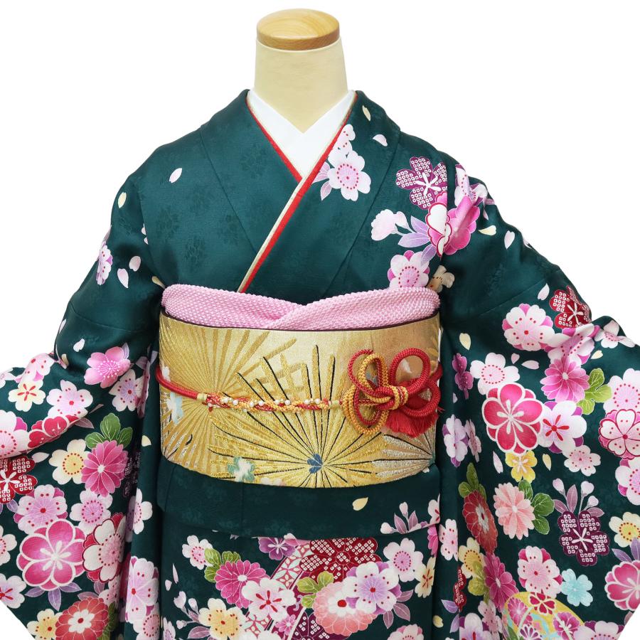 振袖 中古 緑 フルセット 販売 正絹 一式 格安 リサイクル 美品 安い