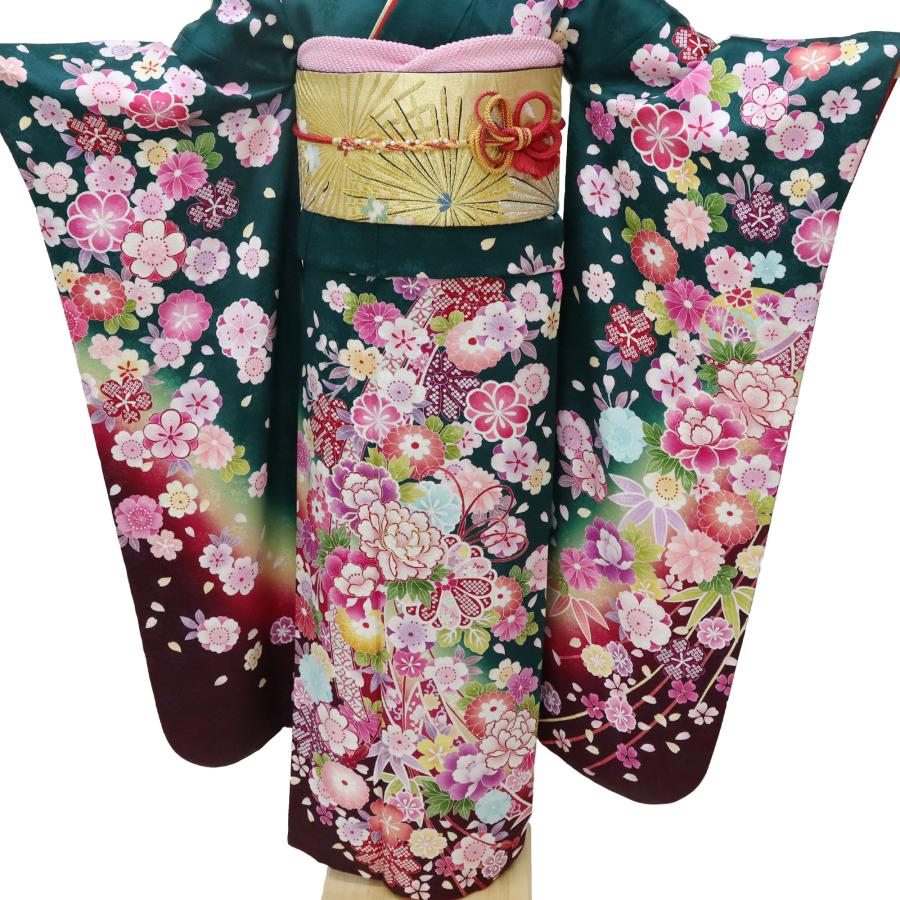 振袖 中古 緑 フルセット 販売 正絹 一式 格安 リサイクル 美品 安い