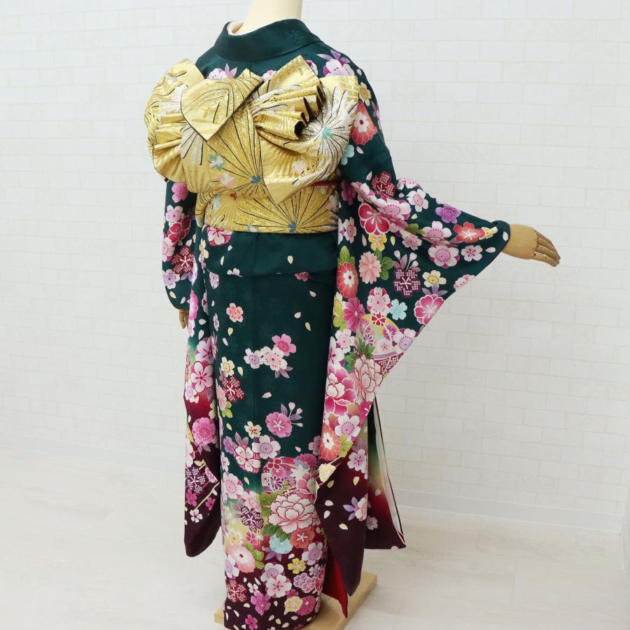 振袖 中古 緑 フルセット 販売 正絹 一式 格安 リサイクル 美品 安い