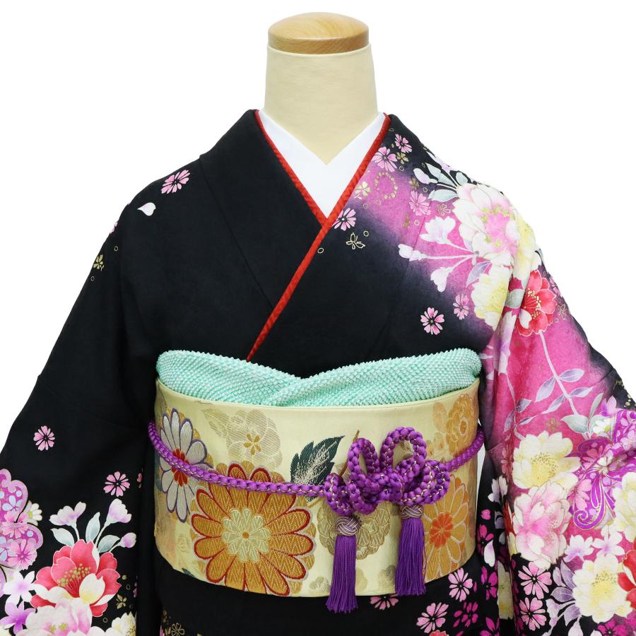 377)振袖　3点セット　正絹　美品 振袖 中古 黒 赤 ぼかし フルセット 一式セット 正絹 成人式 格安