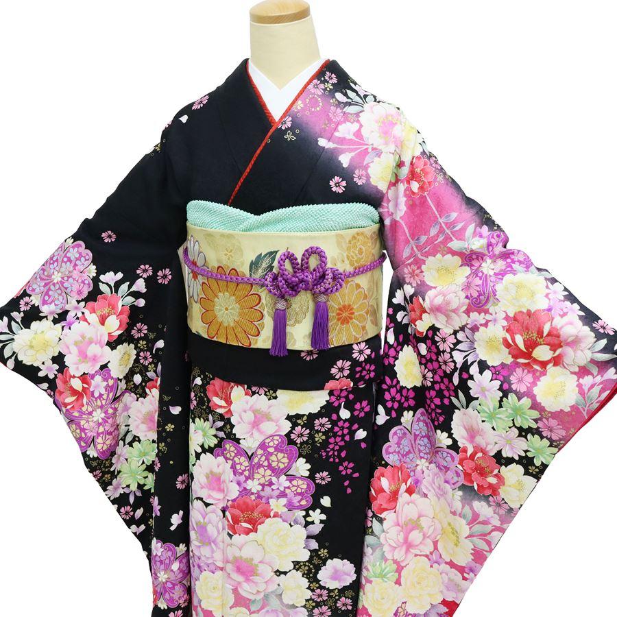振袖 中古 黒 赤 ぼかし フルセット 一式セット 正絹 成人式 格安