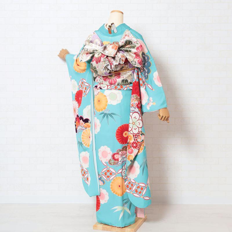 振袖 正絹 　水色　古典花柄　裄68㎝ 　成人式 中古 D-125 kyouto-usagido_f-015-t