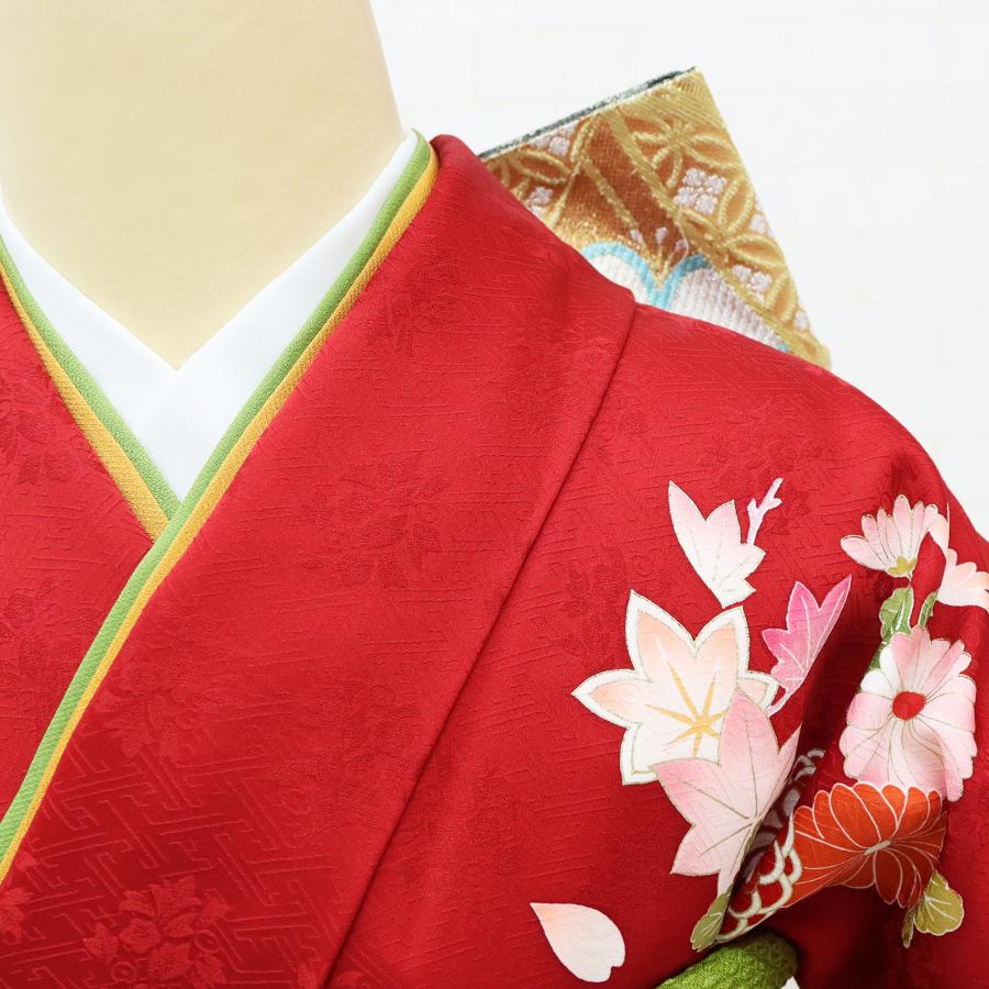 振袖 正絹 赤 幅広 115cm　大きいサイズ　成人式 裄72㎝ 中古Ｄ-65 振袖 正絹 赤 幅広 115cm 大きいサイズ 成人式 裄72㎝ 中古D-65