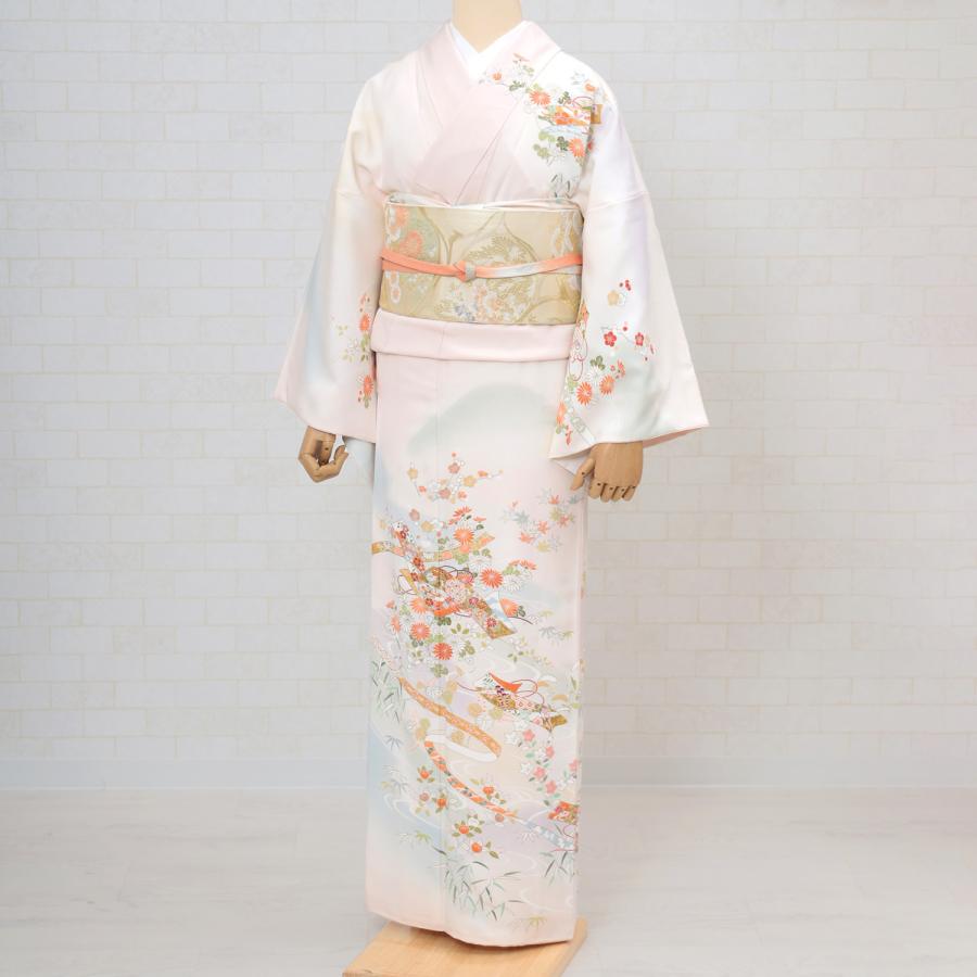 訪問着 レンタル 正絹 京友禅 白 うすピンク 熨斗 草花 流水 着物