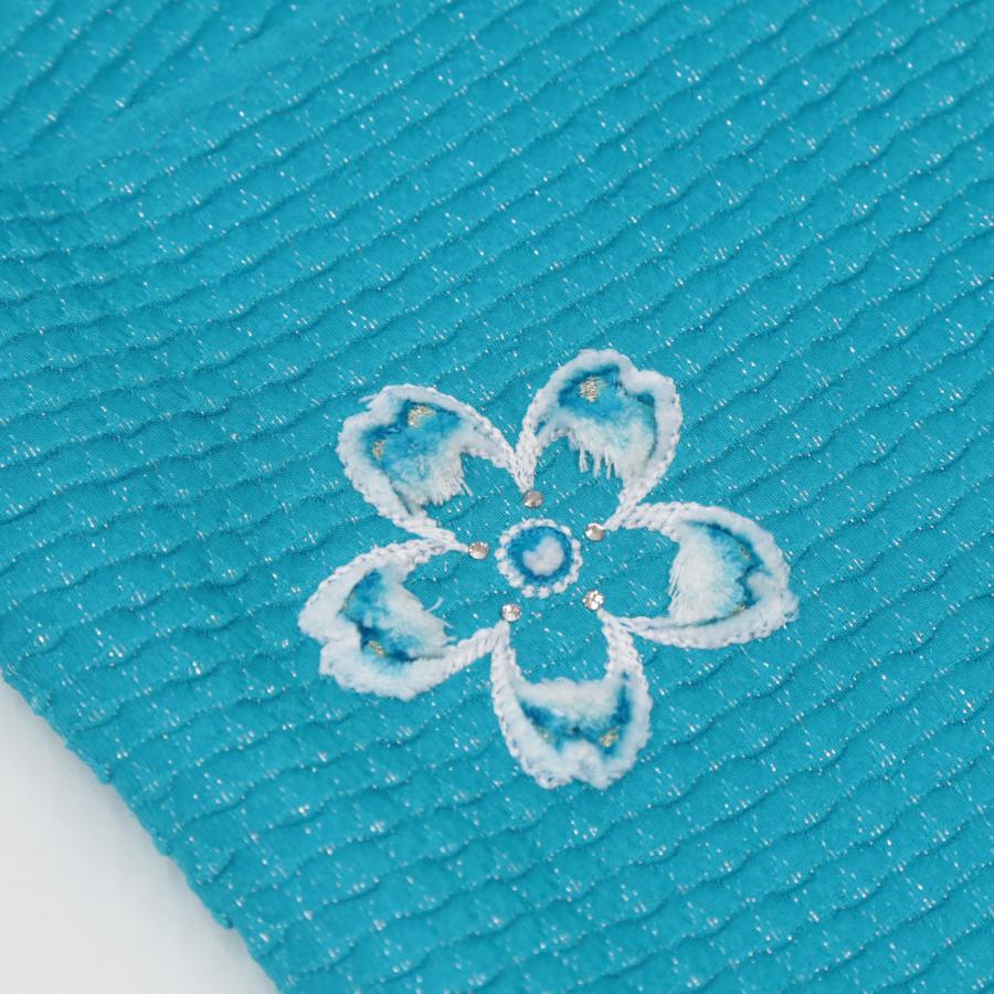 帯揚げ 振袖用 ターコイズブルー ふくれ織り ワンポイント刺繍 銀通し