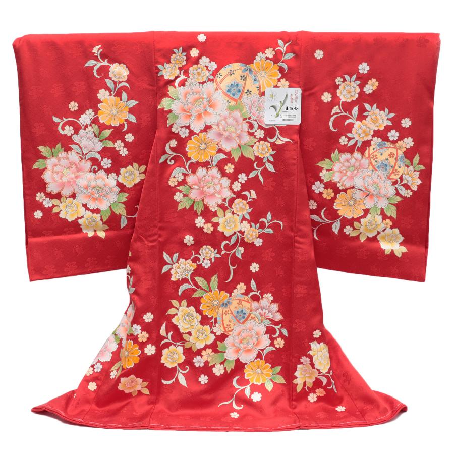 お宮参り 着物 女の子 産着 赤ちゃん 赤 レッド 金彩 花 牡丹 手毬