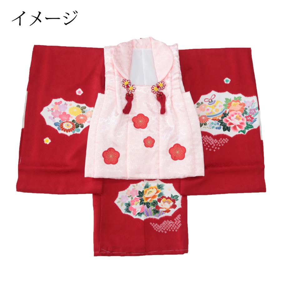 □七五三　正絹女児用被布コート　紗綾形模様　可愛い花柄　赤 Kisste 七五三 被布コート 玩具模様 着物 3歳 女の子 単品 正絹