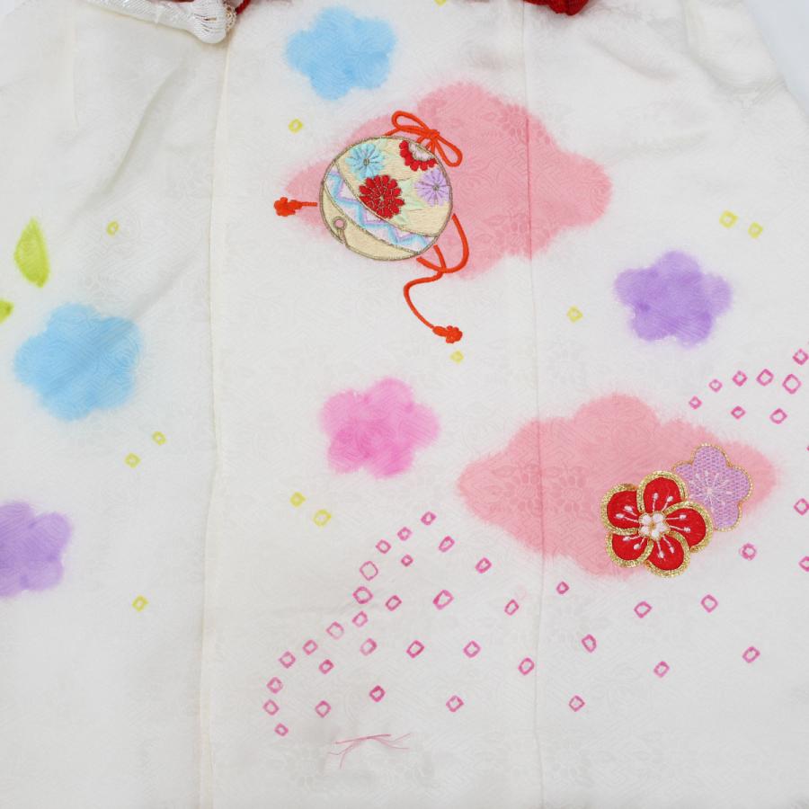 被布 女の子 単品 七五三 白 正絹 絹 被布コート 3歳 3才 綸子 手鞠 梅 花 刺繍 しぼり かわいい 女児 49cm 三ツ身 着物 和服 ベスト 羽織 日本製_2