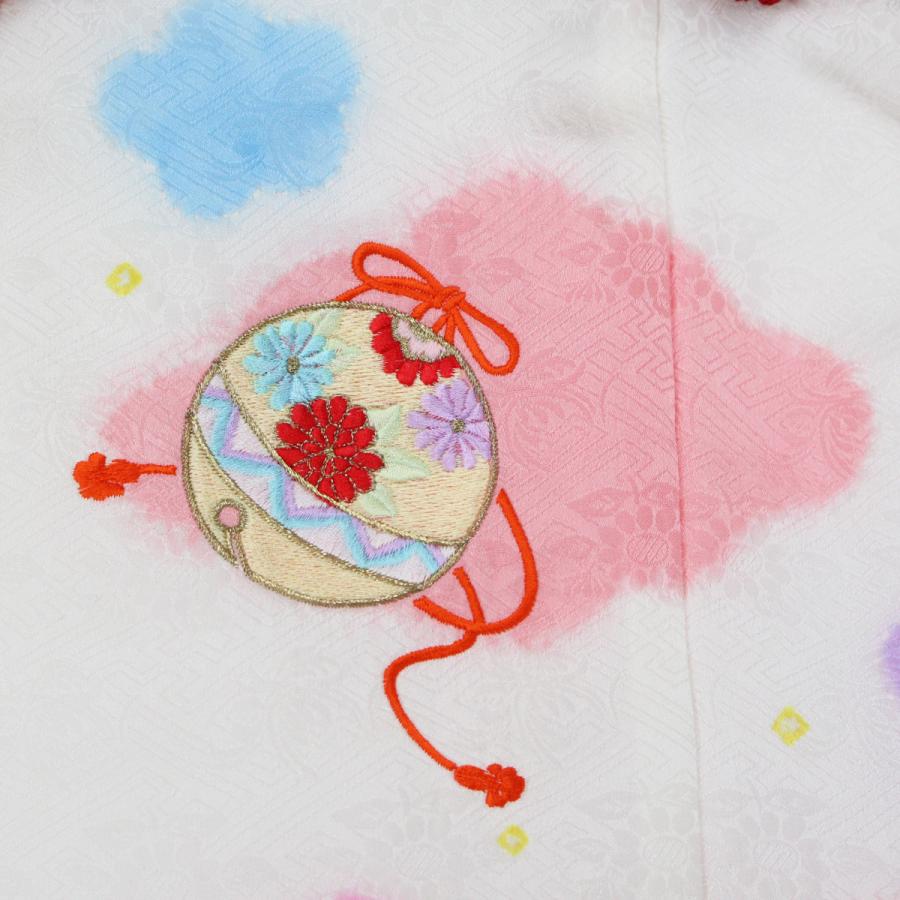 被布 女の子 単品 七五三 白 正絹 絹 被布コート 3歳 3才 綸子 手鞠 梅 花 刺繍 しぼり かわいい 女児 49cm 三ツ身 着物 和服 ベスト 羽織 日本製_3