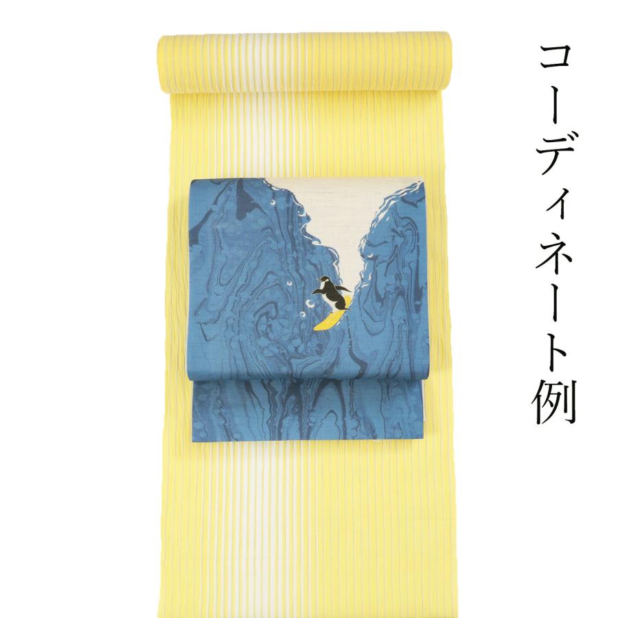 小千谷縮 小千谷ちぢみ 黄色 レモンイエロー 縞 反物 夏着物 麻 生地 新品 薄物 単衣 個性的 杉山織物 西脇商店 おじやちぢみ おじやちじみ