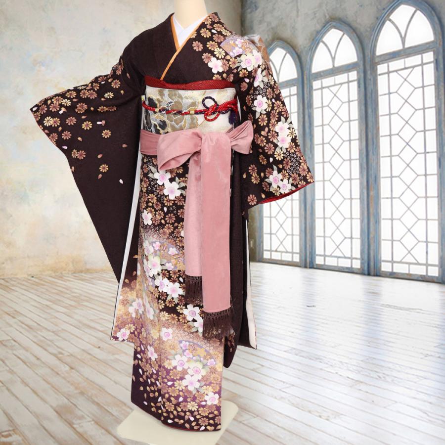 定番の中古商品 黒ワイン 成人式 振袖用 正絹 しごき 志古貴 麻の葉