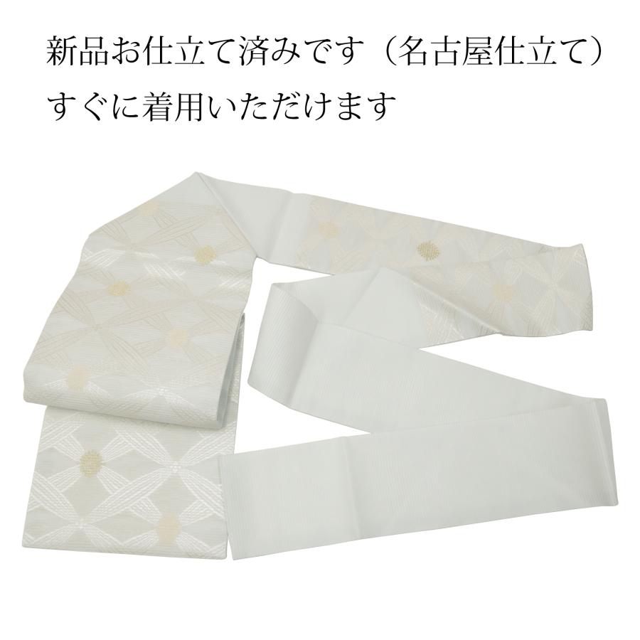 新品未使用 大丸購入 高級名古屋帯 正絹 銀地 花丸文 仕立て糸付き 礼装用 名古屋帯 オフホワイト 生成り色 花菱 仕立て済 仕立て上がり 正絹