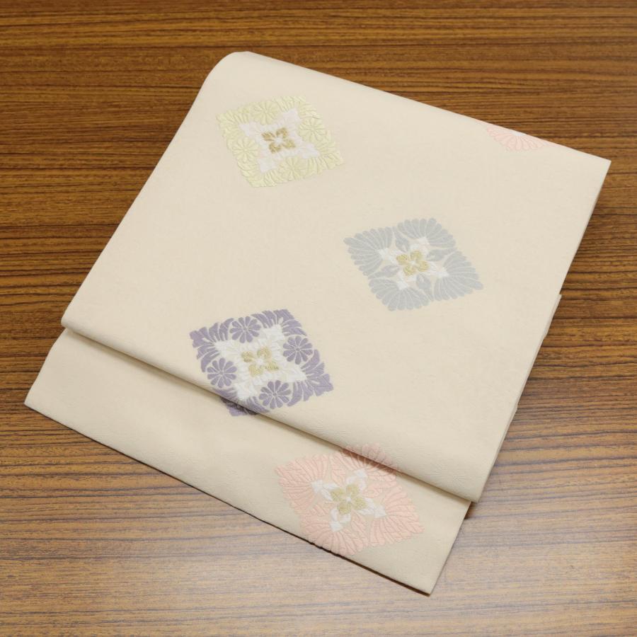 新品！絹！西陣織 名古屋帯　お洒落　仕立済　花柄 名古屋帯 絹 西陣織 仕立て付 九寸 名門 ふくい織物謹製 ミント