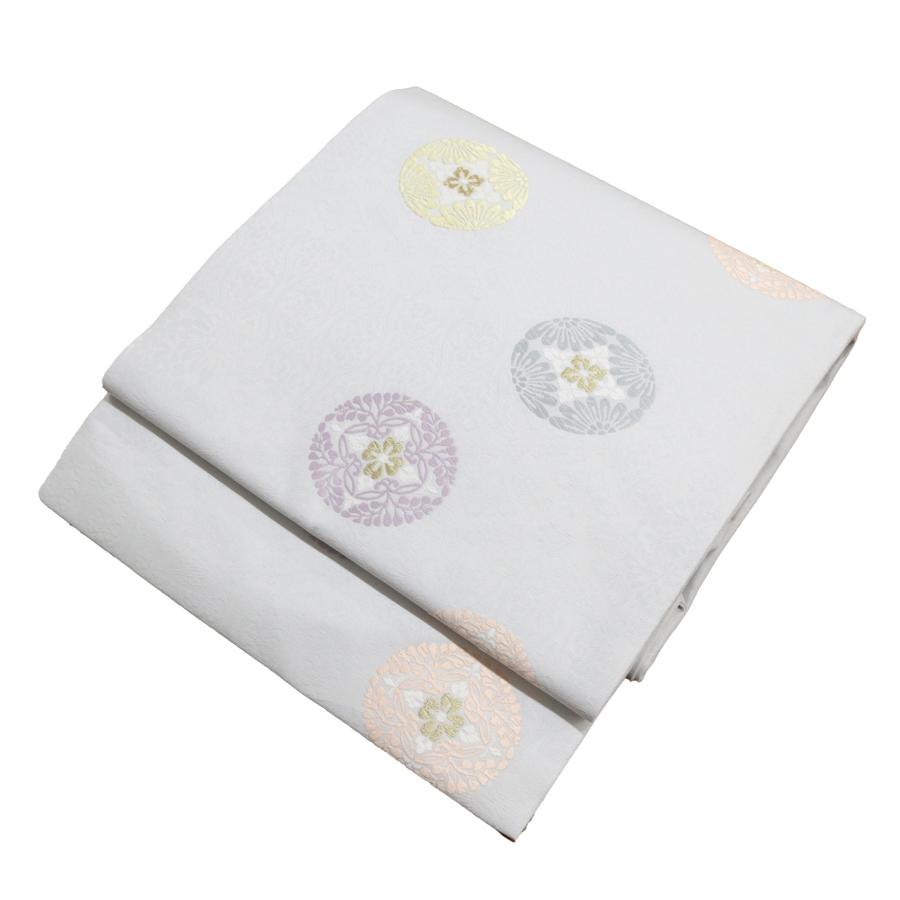 名古屋帯 薄灰 ライトグレー 七宝 花菱 丸紋 華紋 仕立て済 仕立て