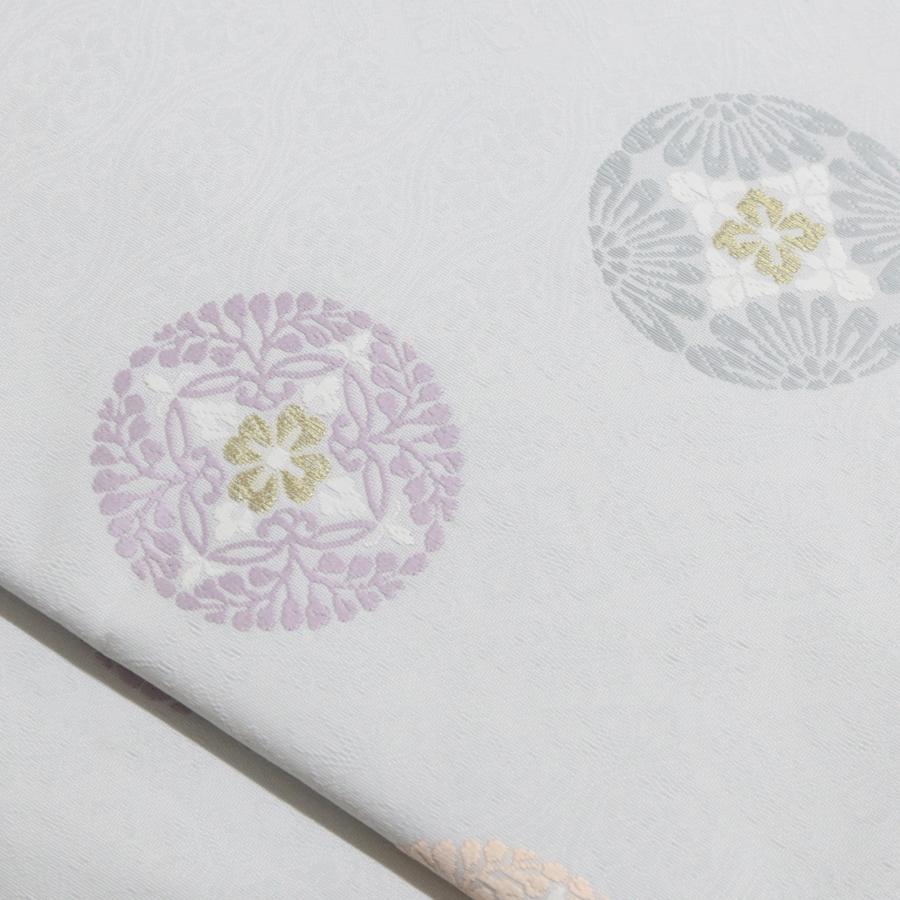 名古屋帯　西陣織　夏帯　絽　白　七宝華紋　お仕立て込み 名古屋帯 薄灰 ライトグレー 七宝 花菱 丸紋 華紋 仕立て済 仕立て