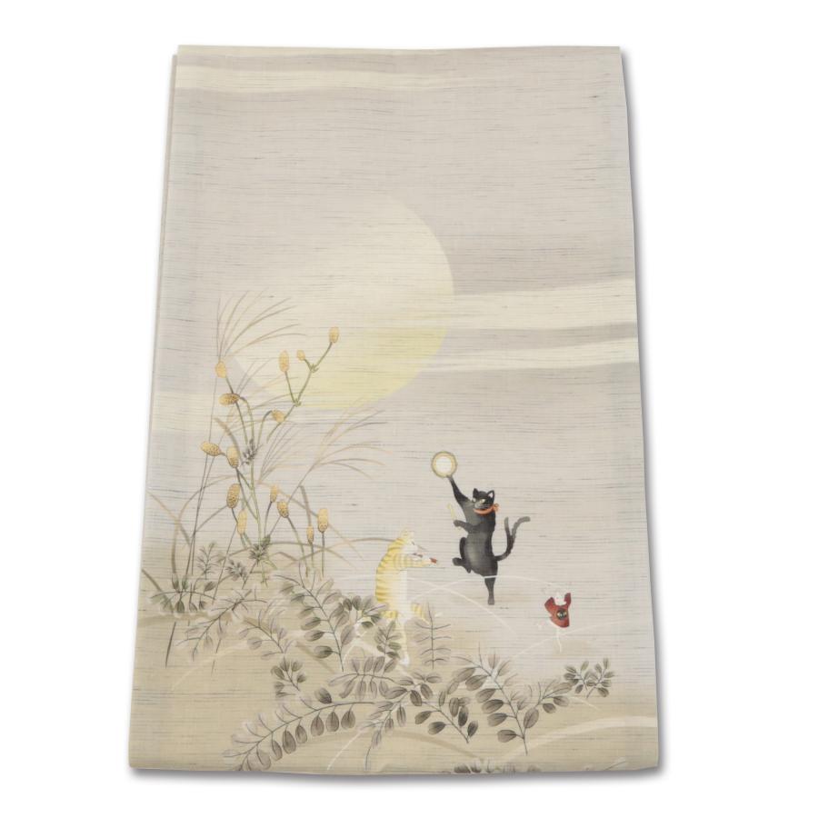 wakka 京袋帯 夏帯 名古屋帯 夏 麻帯 ワッカ 月夜猫 ベージュ 猫