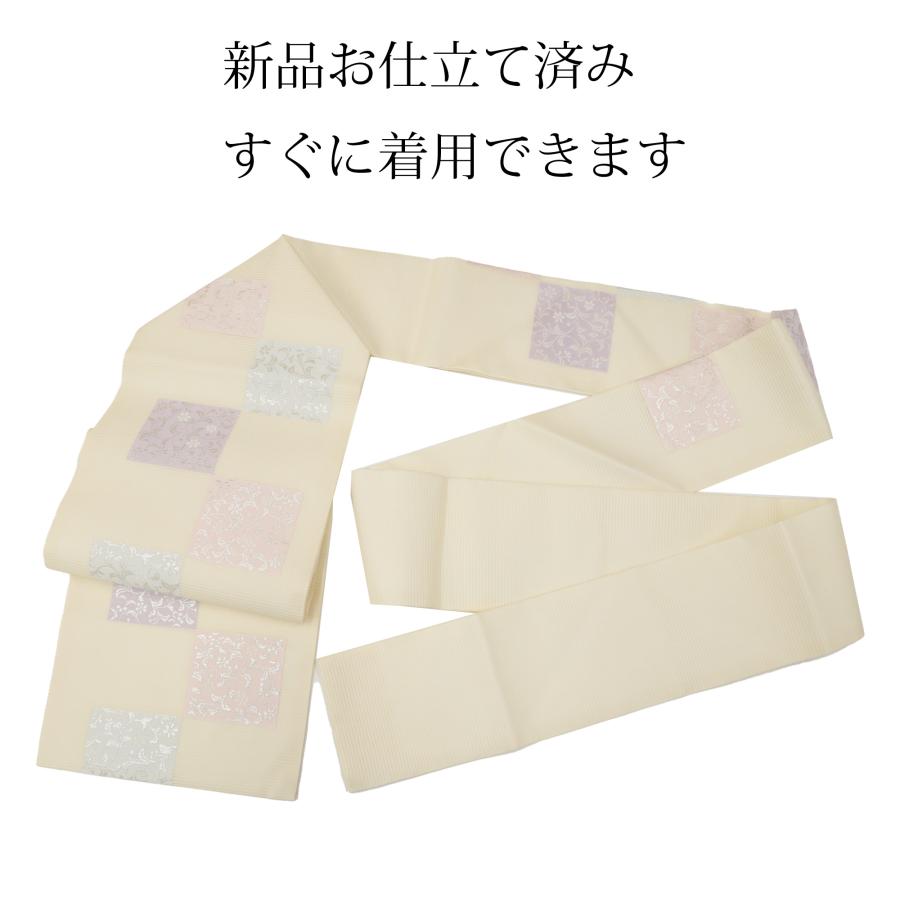 名古屋帯 正絹 夏 単衣 未使用 仕立て済み アイボリー 花 唐草 市松 夏