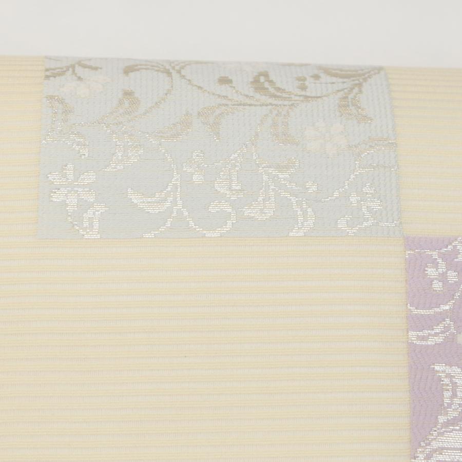 名古屋帯 未使用 軽量織 正絹 薄ベージュ 洋風 花唐草 刺繍のような織り セミフォーマル カジュアル 新古品 仕立て上がり みやがわ sb55363 名古屋帯 未使用 軽量織 正絹 薄ベージュ 洋風 花唐草 刺繍のような
