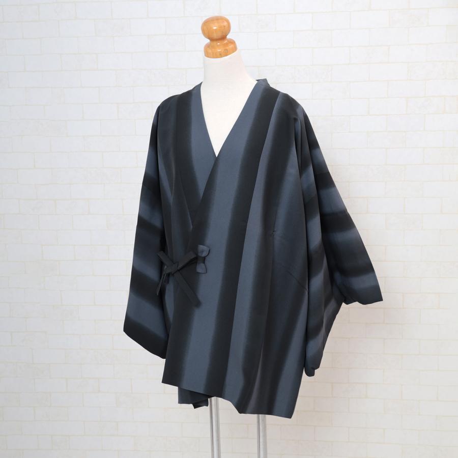 美品 道中着 冬用 和装コート 正絹 道中着コート お仕立て済み 黒 グレー 縞 洗える 和装コート 袷 春 秋