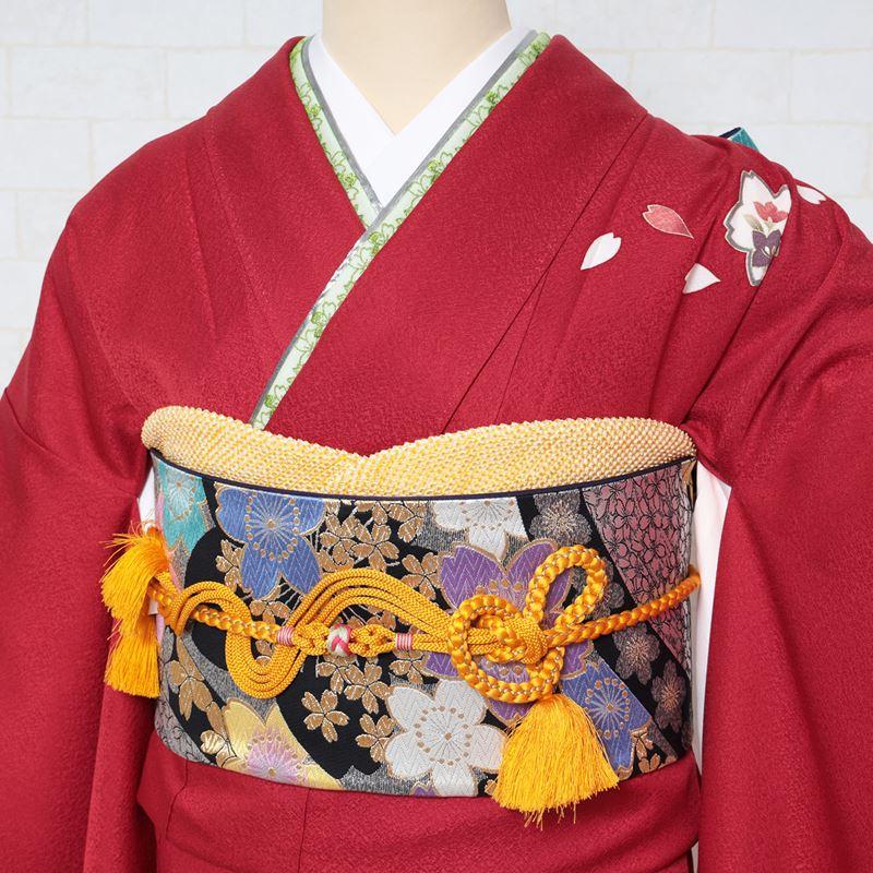 振袖フルセット　成人式　赤　朱色　花柄　ショール付き　美品 振袖セット 赤系 金色 桜 梅 花 鹿の子 松 絵羽柄 正絹 西陣織