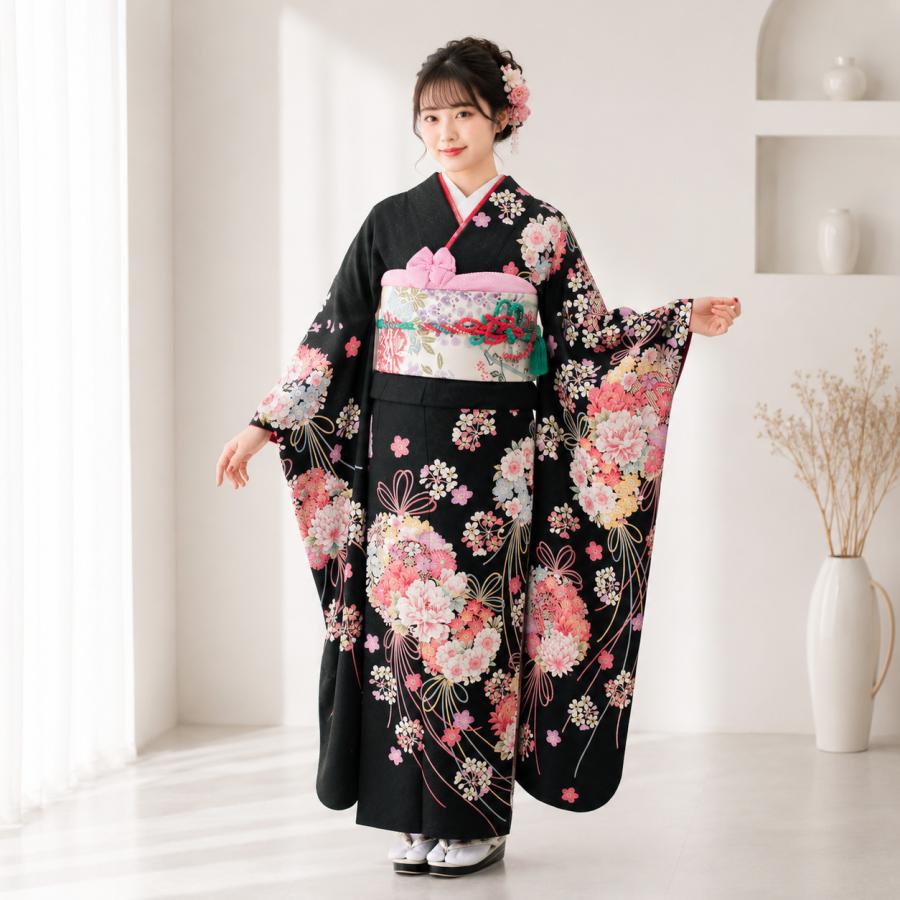 振袖 レンタル 成人式 1月 黒 身長 二十歳の集い 晴れ着 着物 フル