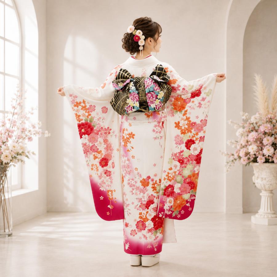 美品 振袖 身丈163cm 晴れ着ガード加工 暈し 花柄 和装 着物 #AB24 振袖 レンタル 成人式 1月 白 身長 二十歳の集い 晴れ着 着物 フル