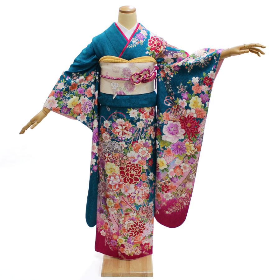 振袖レンタル 成人式 安い 2025年 1月 一式 高級 着物 格安 呉服屋 緑 花 鞠 熨斗 NR-211