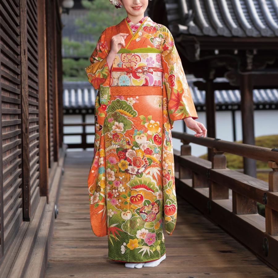 振袖 レンタル 成人式 1月 オレンジ 身長151〜162.5cm 二十歳の集い 晴れ着 着物 フルセット 正絹 高品質 安い 貸衣装 古典 花 松竹梅 NR-215