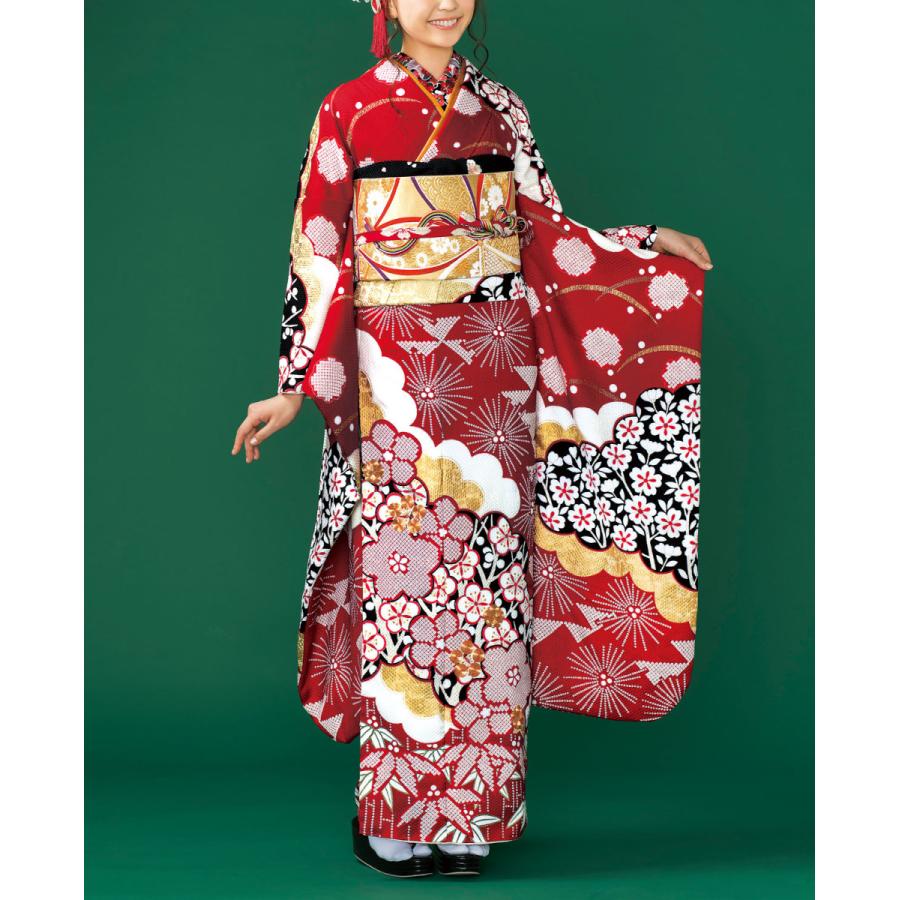 振袖 レンタル 成人式 1月 赤 身長156.5〜164.5cm 二十歳の集い 晴れ着 着物 フルセット 正絹 高品質 安い 貸衣装 赤 鹿の子 梅 絞り風 NR-218