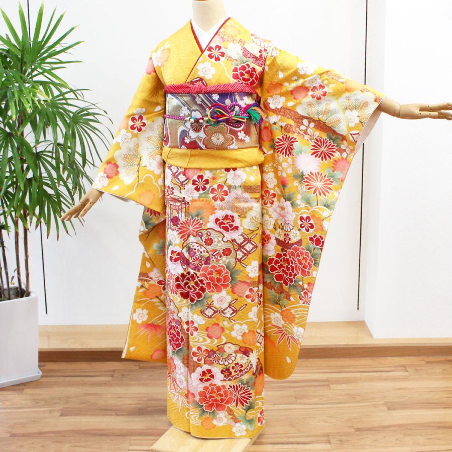 振袖 レンタル 成人式 1月 黄色 身長155.5〜162.5cm 二十歳の集い 晴れ着 着物 フルセット 正絹 高品質 安い 貸衣装 雪輪 鞠 松竹梅 古典 NR-227