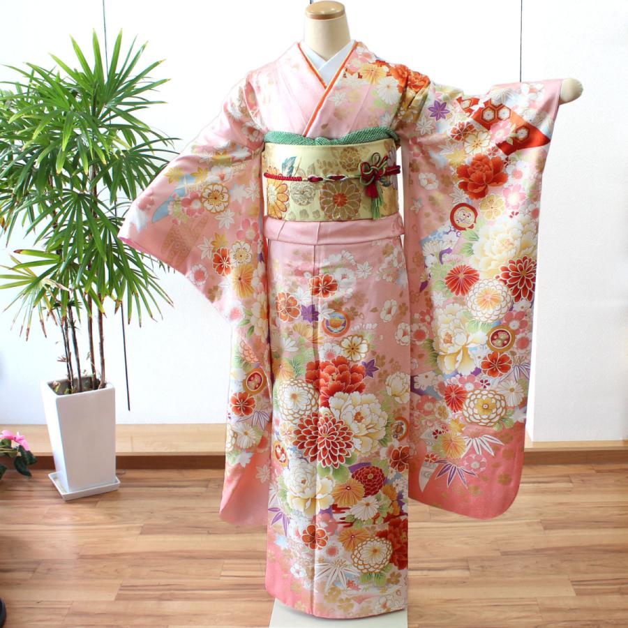 振袖 レンタル 成人式 1月 ピンク 身長156.5〜162.5cm 二十歳の集い 晴れ着 着物 フルセット 正絹 高品質 安い 貸衣装 菊 ボカシ 古典 桜 花 NR-235