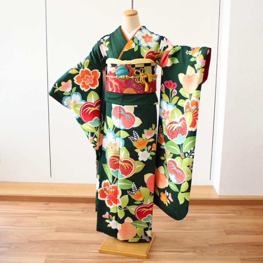 振袖レンタル 安い 一式 フルセット 結婚式 婚礼 披露宴 前撮り 高級 着物 格安 呉服屋 緑 深緑 グリーン 身長155cm〜162cm 橘 花 NR-237