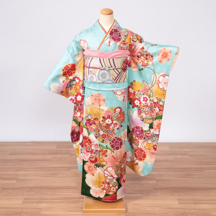 振袖フルセット 7点セット 黒色 ピンク バラ柄 身長150～162cm